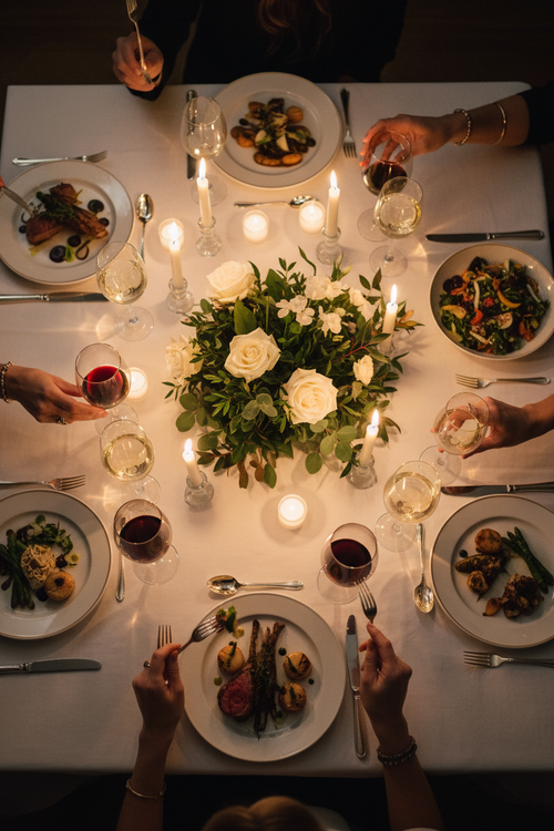Elegant dinner party table overhead