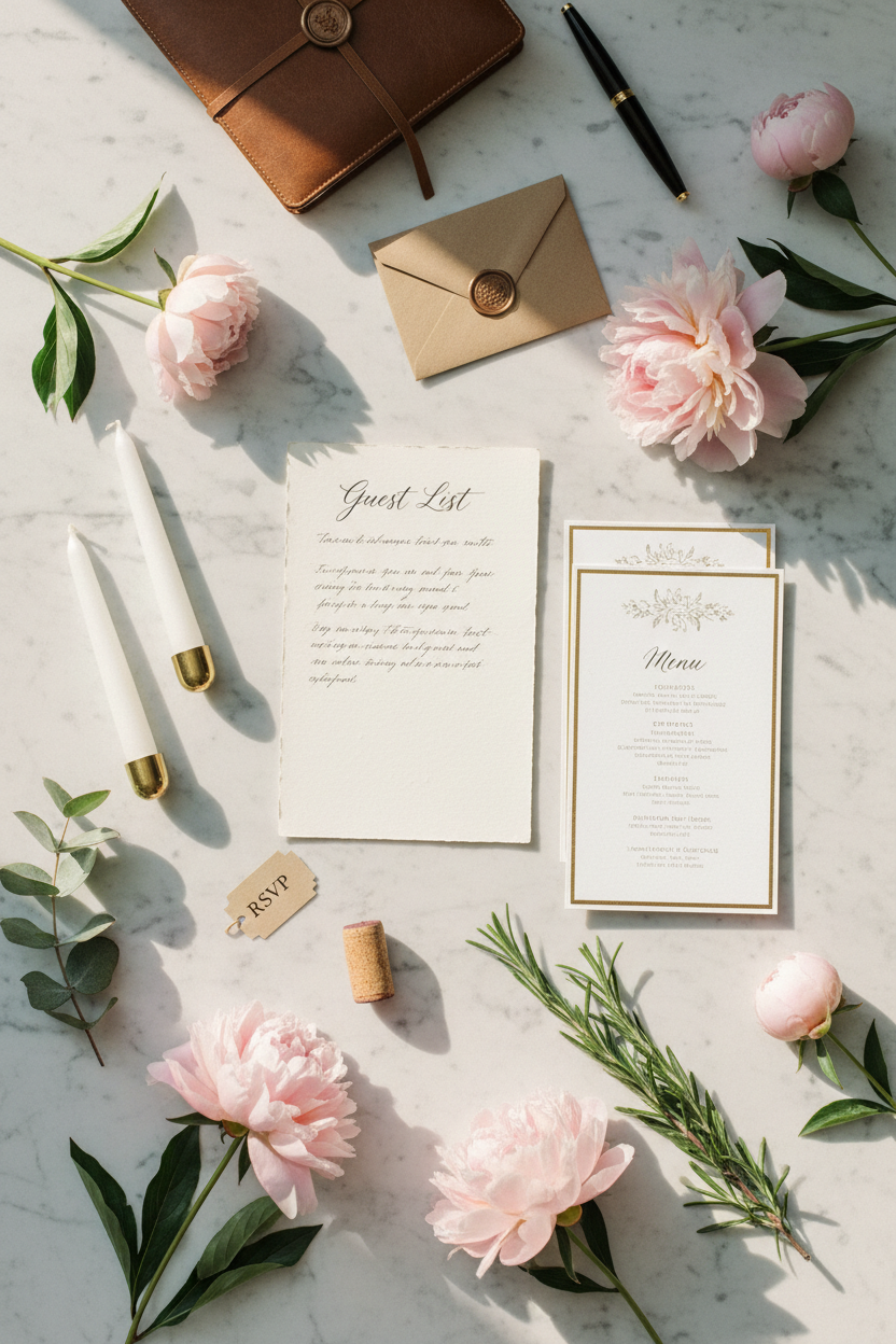 Dinner party planning flat lay