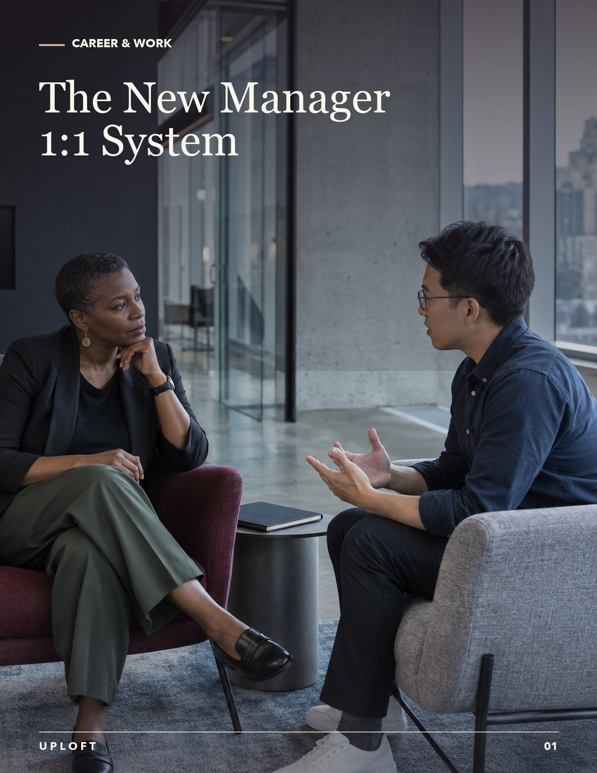 New Manager 1:1 System workbook cover showing colleagues in a thoughtful one-to-one conversation