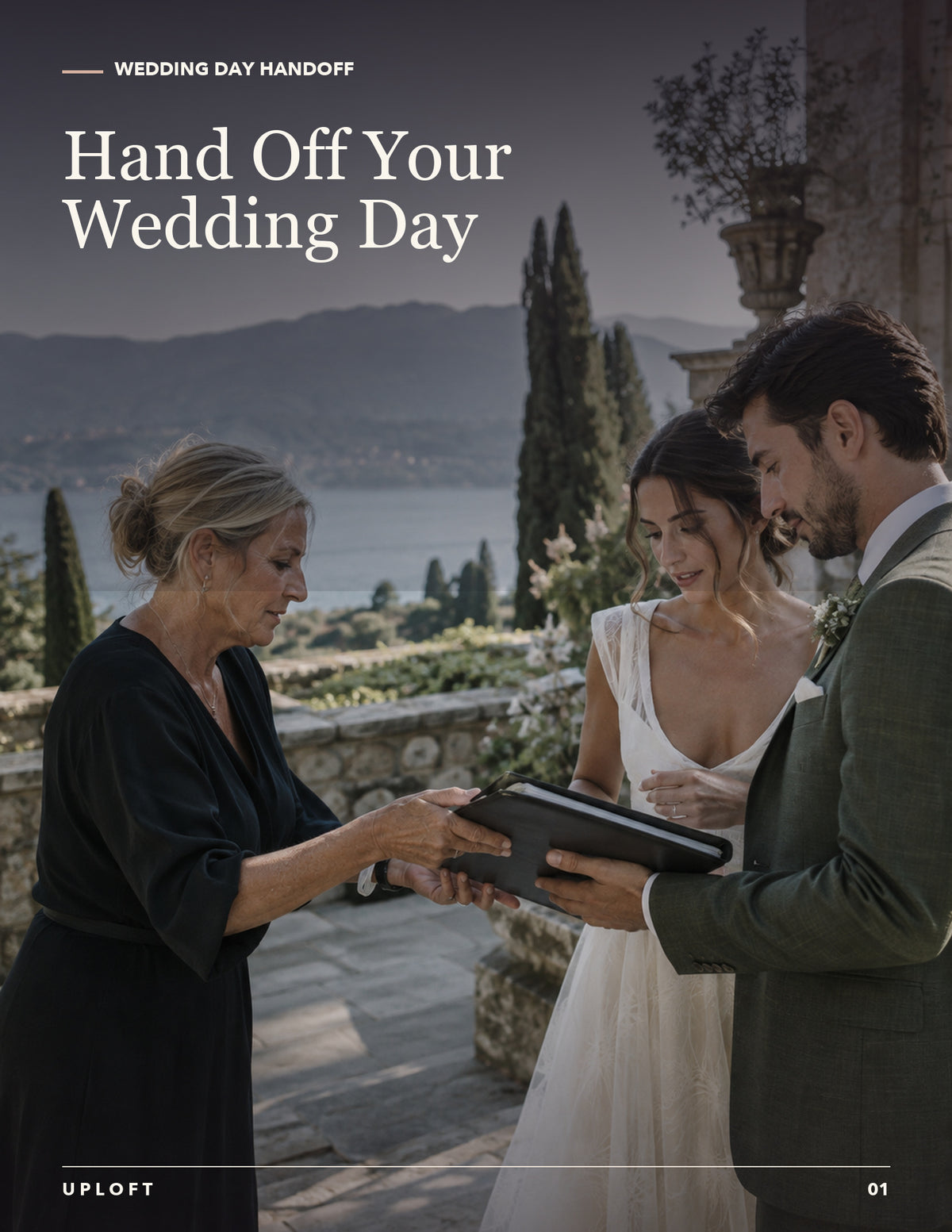 Wedding day handoff workbook cover with a couple reviewing their event plan together