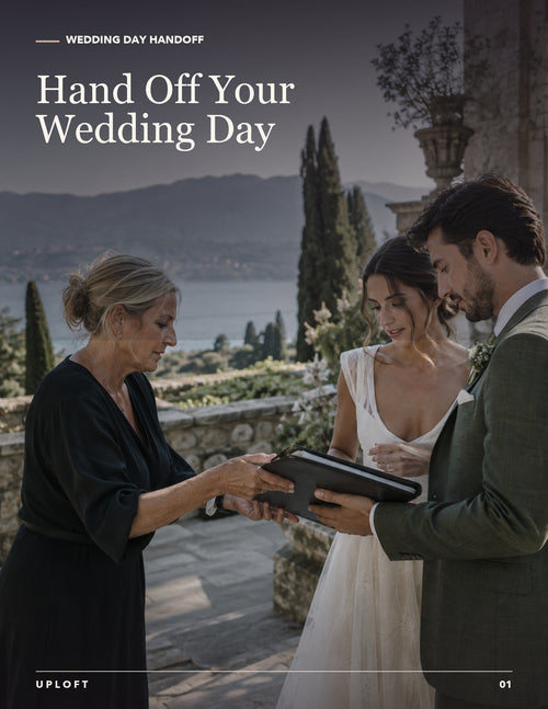 Wedding day handoff workbook cover with a couple reviewing their event plan together